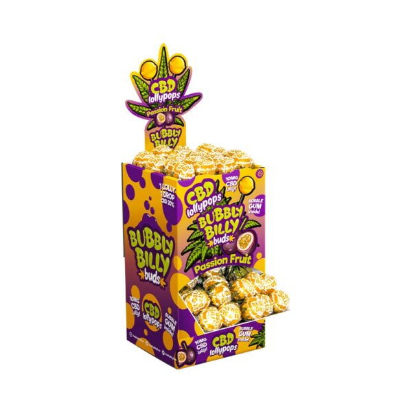 Bubbly Billy Buds 10mg CBD Passion Fruit Lollies with Bubblegum Inside – Display Container (100 Lollies)